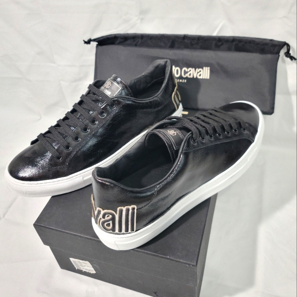 Roberto Cavalli Low-Top High-Shine Leather Sneakers Size 11.5 Men's
